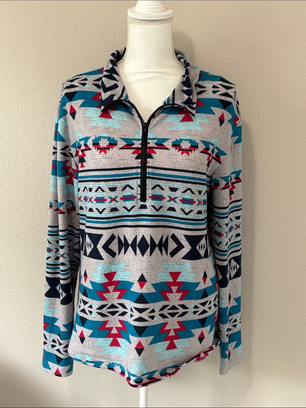 Aztec Print Quarter-Zip Pullover Top - Teal & Gray